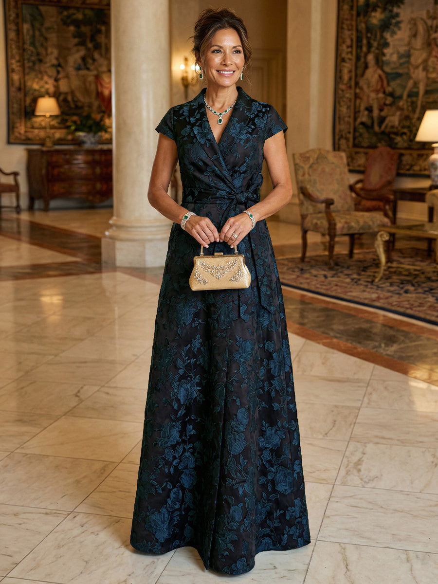 A Line/Princess V Neck Long Jacquard Mother of the Bride Dresses with Bow