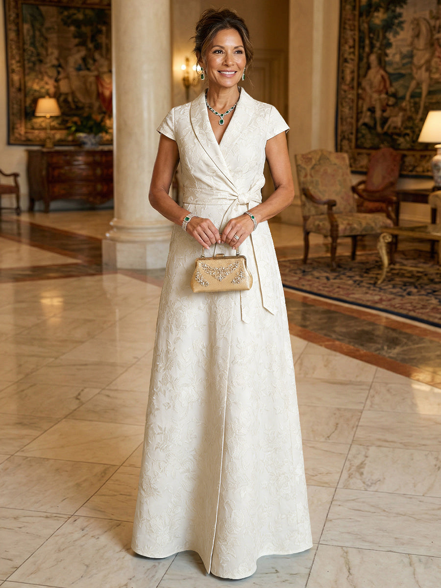A Line/Princess V Neck Long Jacquard Mother of the Bride Dresses with Bow