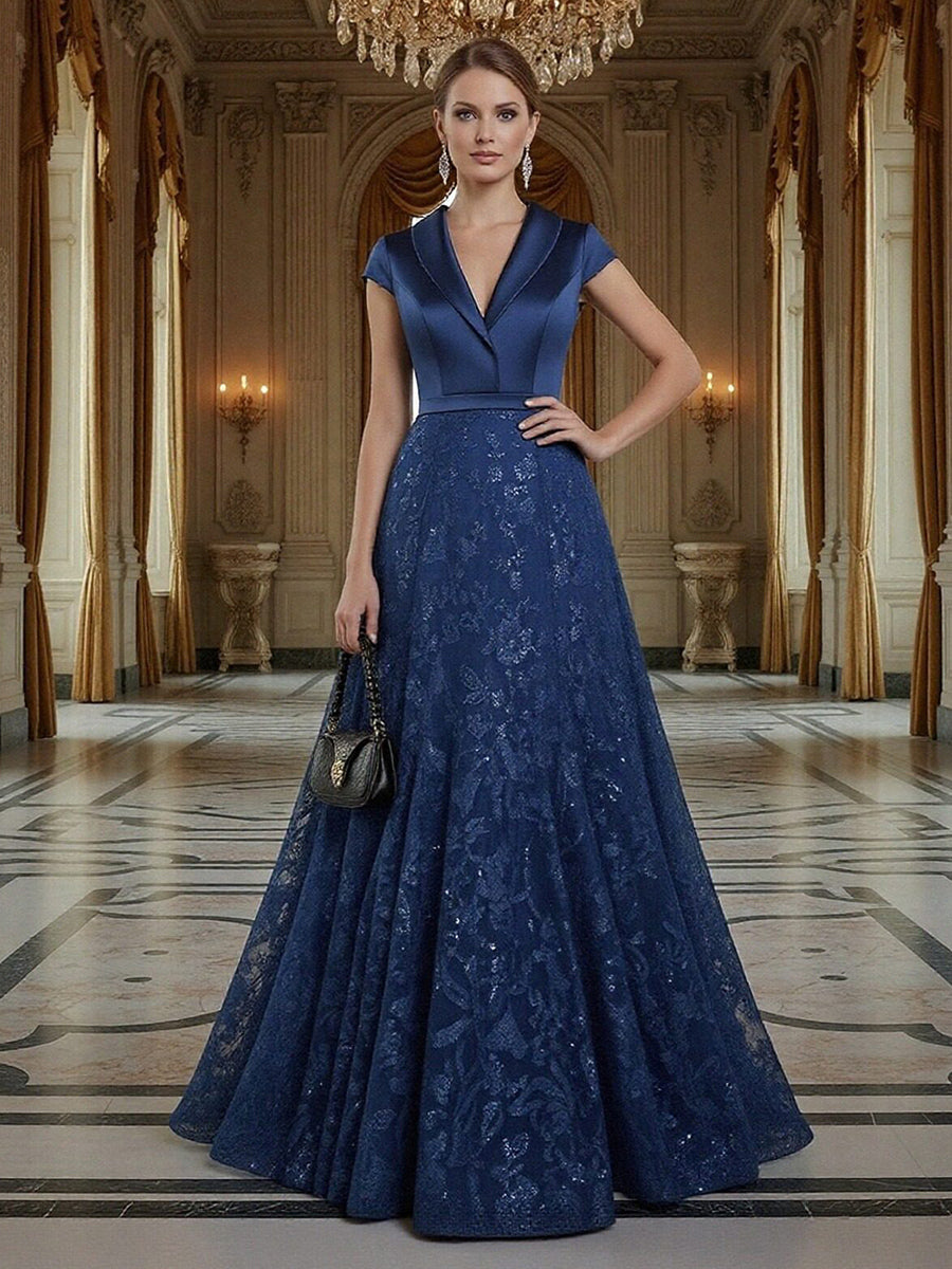 A Line/Princess V Neck Sequined Elegant Mother of the Bride Dresses with Lace Appliques
