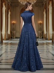 A Line/Princess V Neck Sequined Elegant Mother of the Bride Dresses with Lace Appliques