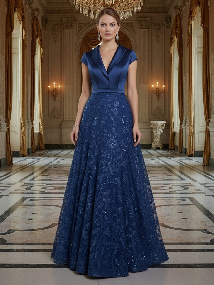 A Line/Princess V Neck Sequined Elegant Mother of the Bride Dresses with Lace Appliques