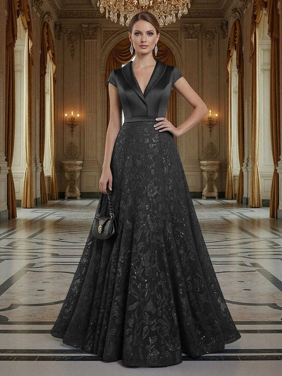 A Line/Princess V Neck Sequined Elegant Mother of the Bride Dresses with Lace Appliques