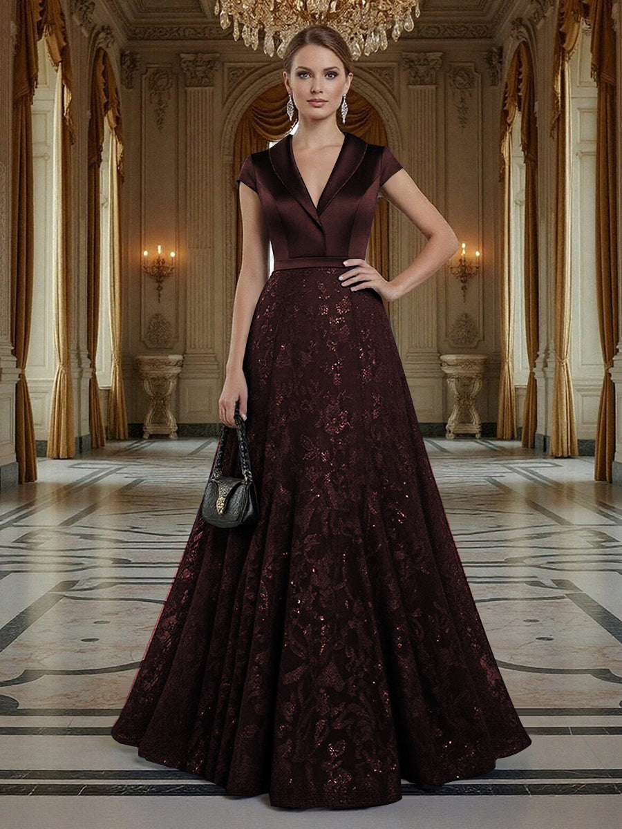 A Line/Princess V Neck Sequined Elegant Mother of the Bride Dresses with Lace Appliques