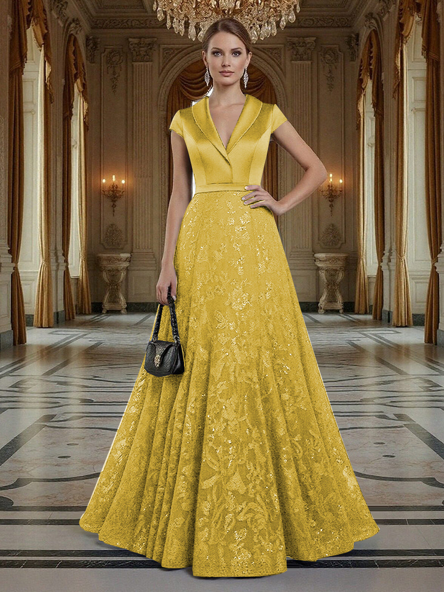 A Line/Princess V Neck Sequined Elegant Mother of the Bride Dresses with Lace Appliques