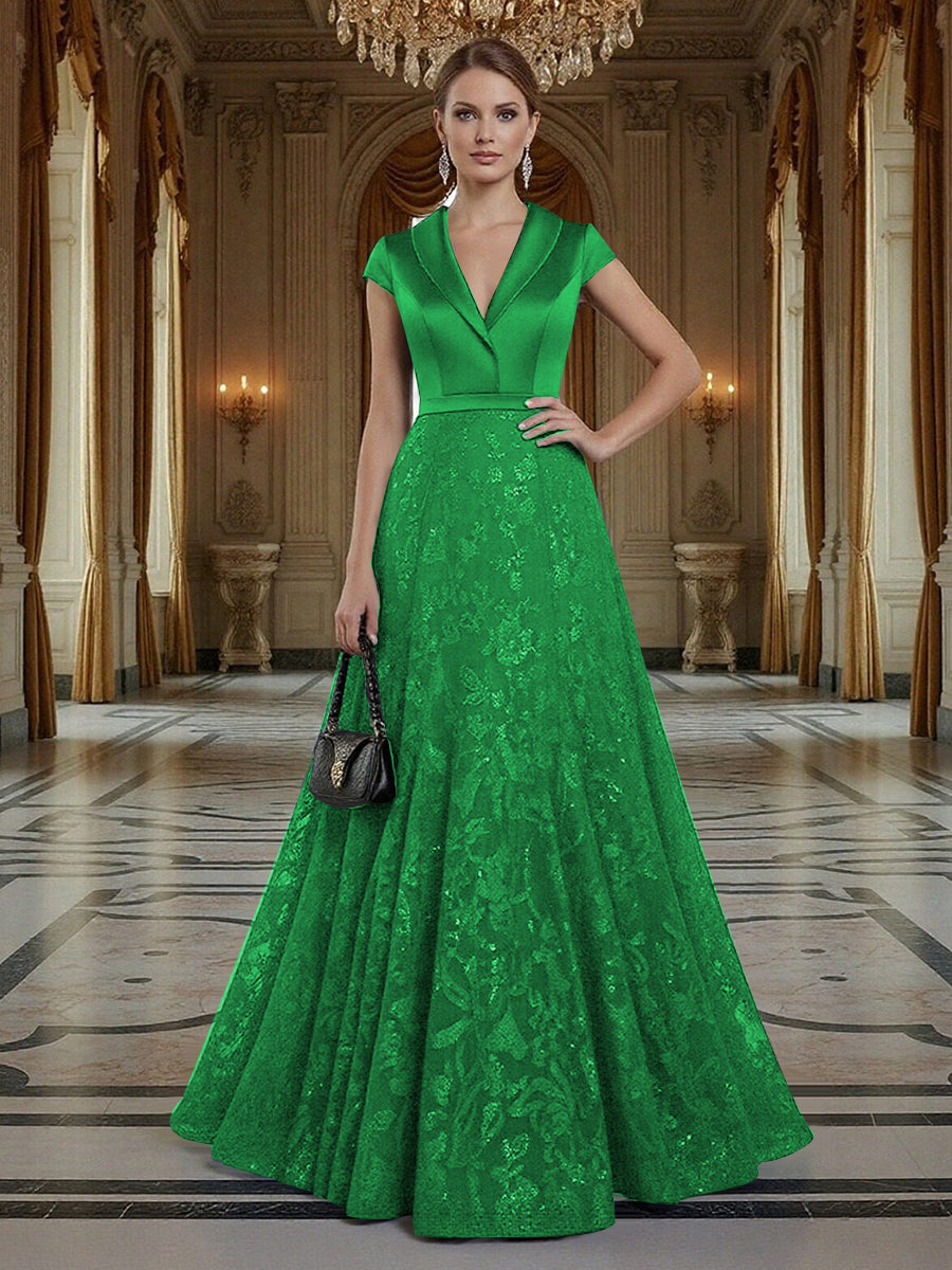 A Line/Princess V Neck Sequined Elegant Mother of the Bride Dresses with Lace Appliques