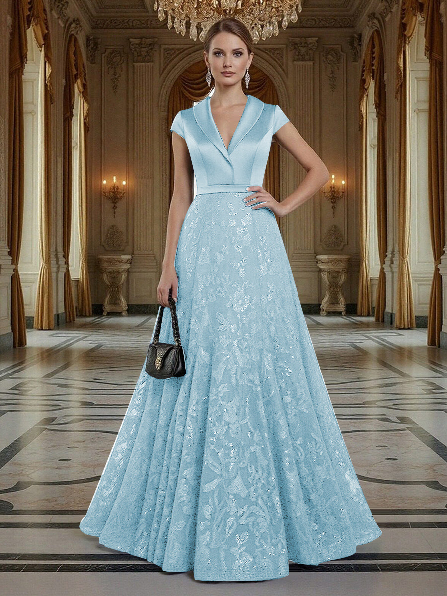A Line/Princess V Neck Sequined Elegant Mother of the Bride Dresses with Lace Appliques