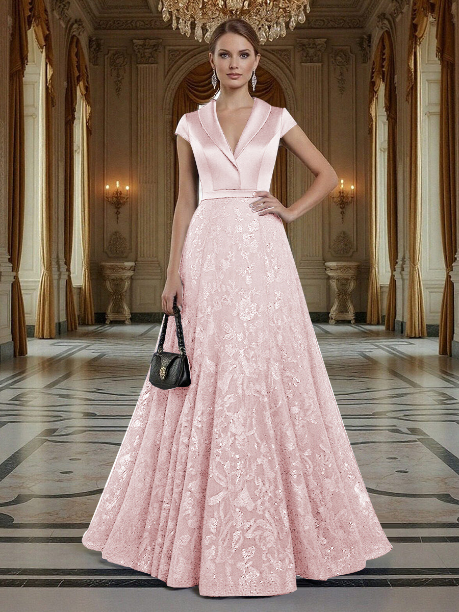 A Line/Princess V Neck Sequined Elegant Mother of the Bride Dresses with Lace Appliques