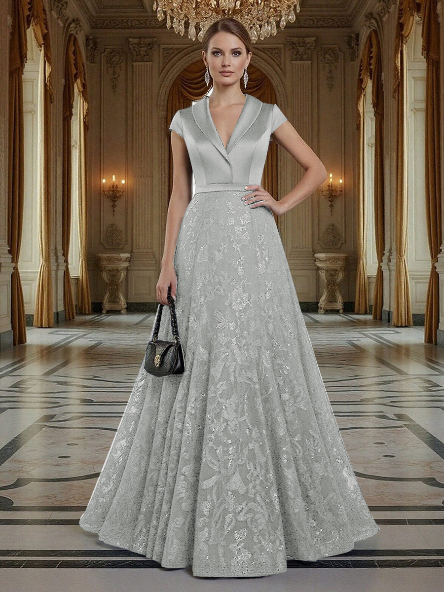 A Line/Princess V Neck Sequined Elegant Mother of the Bride Dresses with Lace Appliques