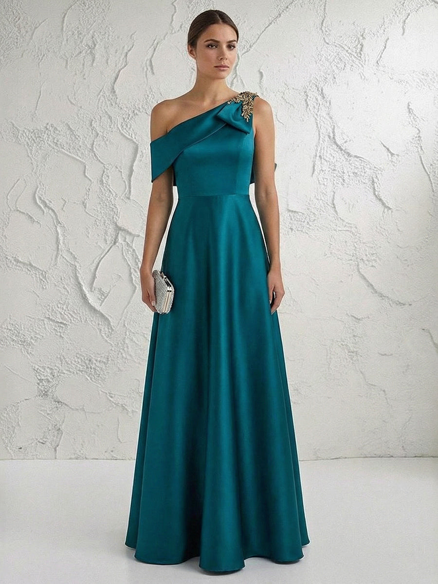 A Line One Shoulder Pleated Floor Length Mother of the Bride Dresses with Rhinestones