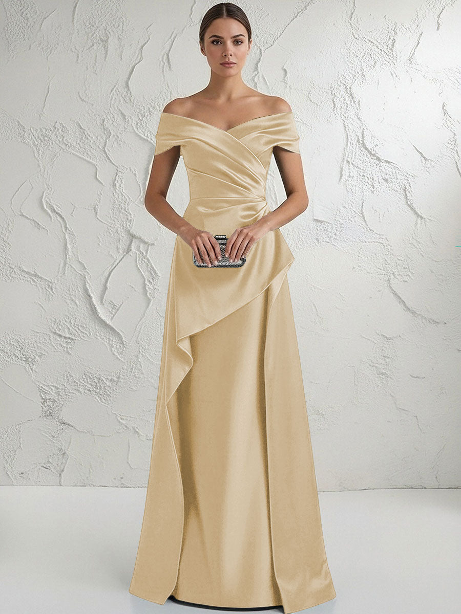 A Line Off Shoulder Floor Length Ruched Mother of the Bride Dresses