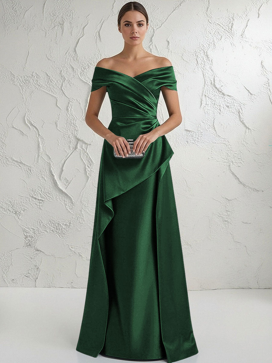 A Line Off Shoulder Floor Length Ruched Mother of the Bride Dresses