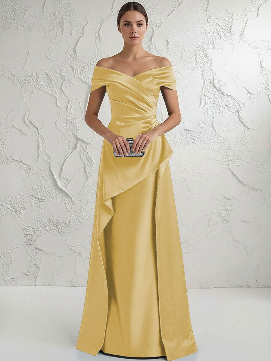 A Line Off Shoulder Floor Length Ruched Mother of the Bride Dresses