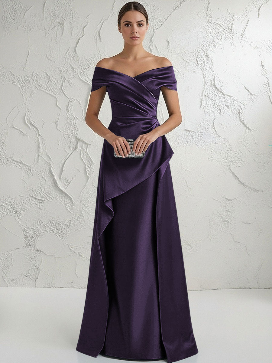 A Line Off Shoulder Floor Length Ruched Mother of the Bride Dresses
