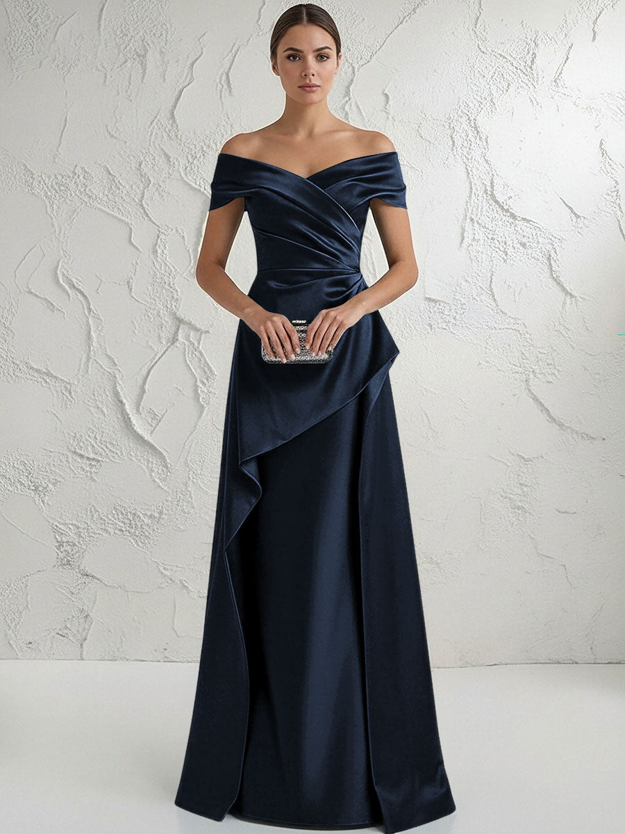 A Line Off Shoulder Floor Length Ruched Mother of the Bride Dresses