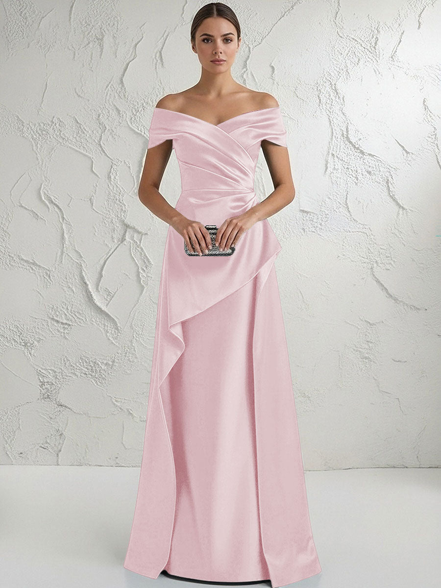 A Line Off Shoulder Floor Length Ruched Mother of the Bride Dresses