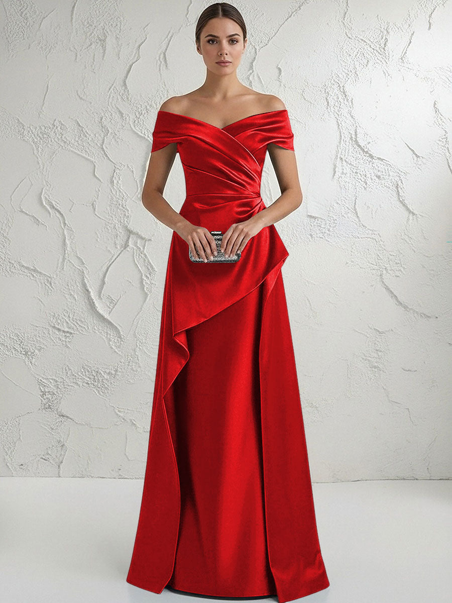 A Line Off Shoulder Floor Length Ruched Mother of the Bride Dresses