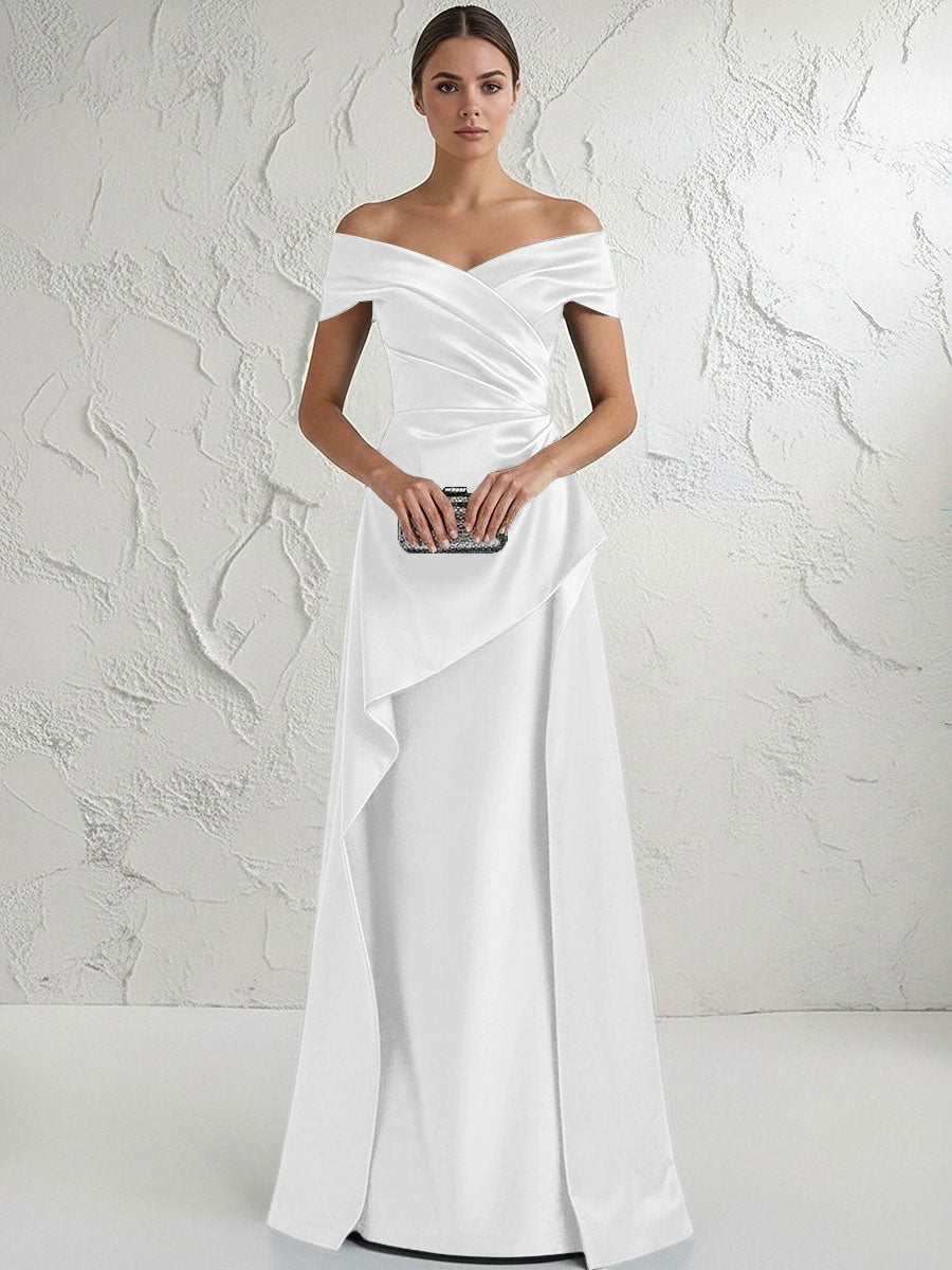 A Line Off Shoulder Floor Length Ruched Mother of the Bride Dresses
