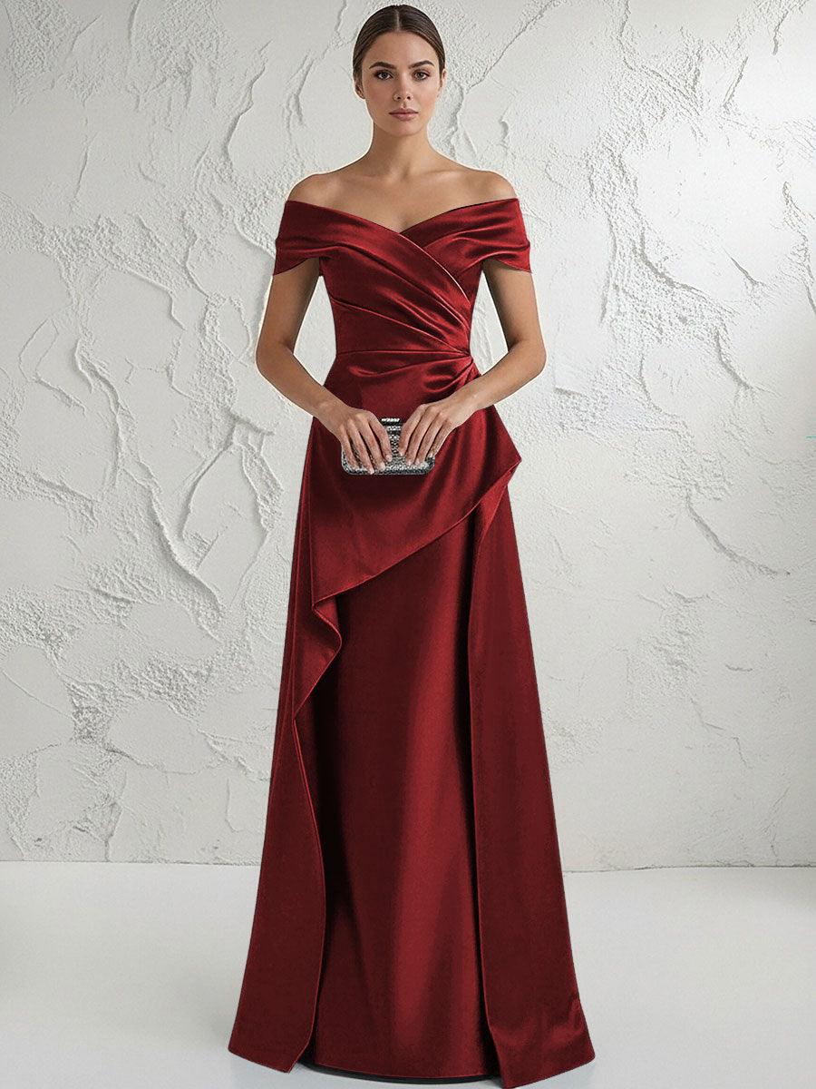 A Line Off Shoulder Floor Length Ruched Mother of the Bride Dresses