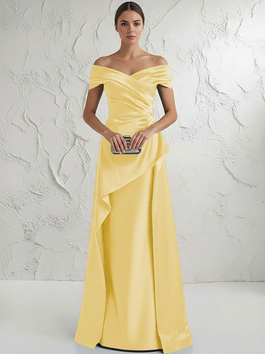 A Line Off Shoulder Floor Length Ruched Mother of the Bride Dresses