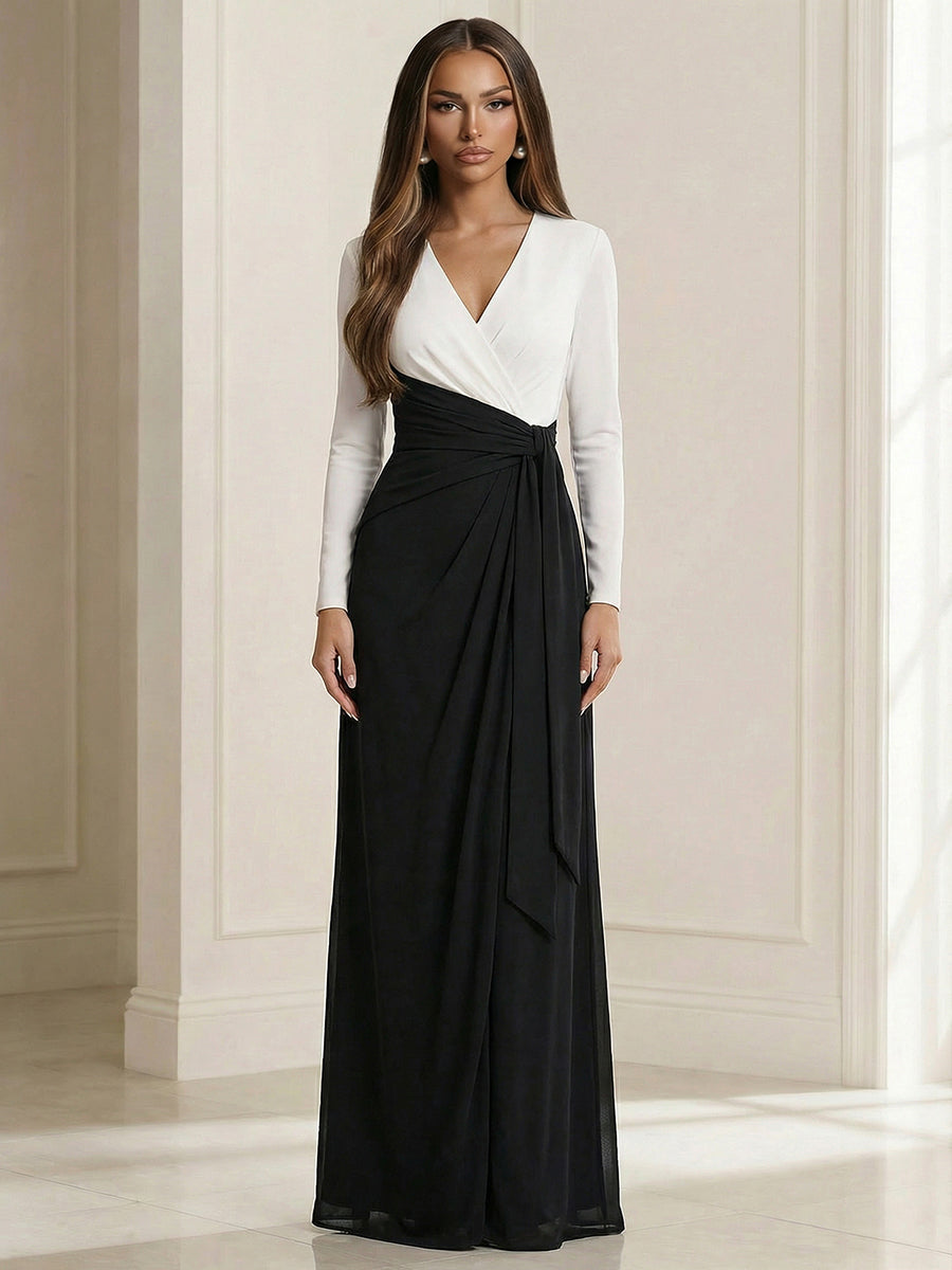 A Line V Neck Long Sleeve Simple Ruched Mother of the Bride Dresses with Belt