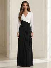 A Line V Neck Long Sleeve Simple Ruched Mother of the Bride Dresses with Belt