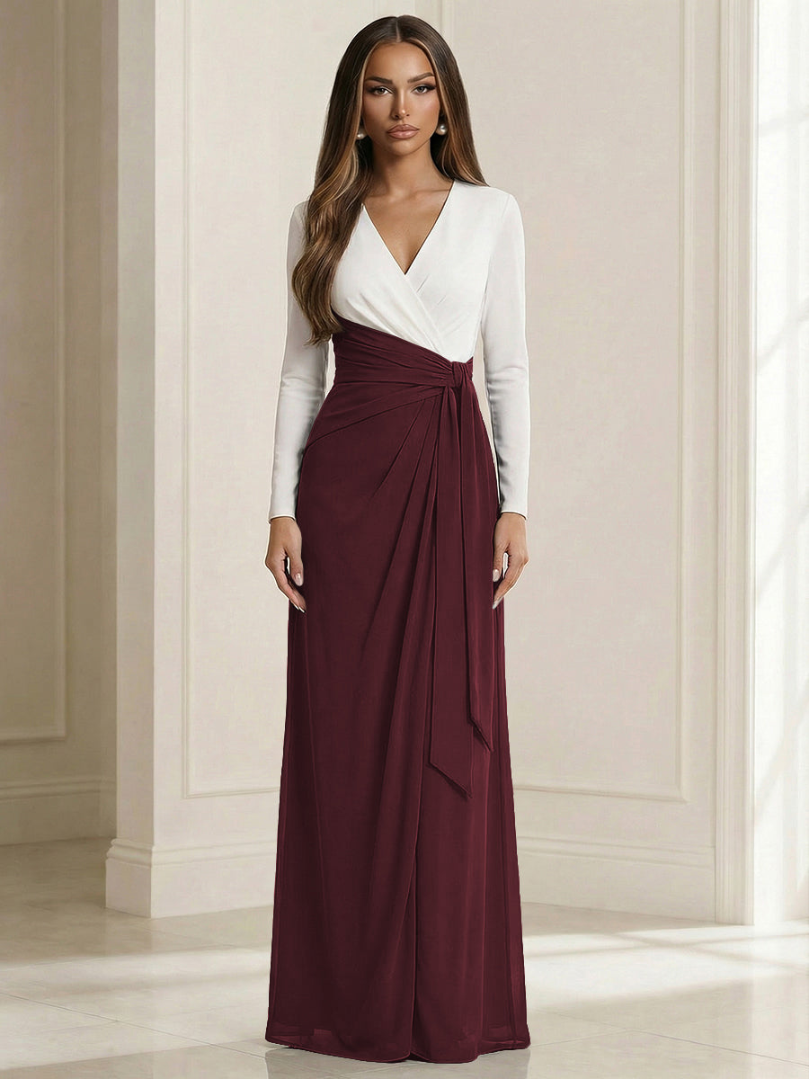 A Line V Neck Long Sleeve Simple Ruched Mother of the Bride Dresses with Belt