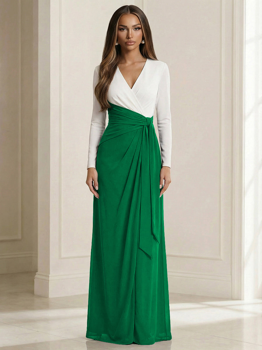 A Line V Neck Long Sleeve Simple Ruched Mother of the Bride Dresses with Belt