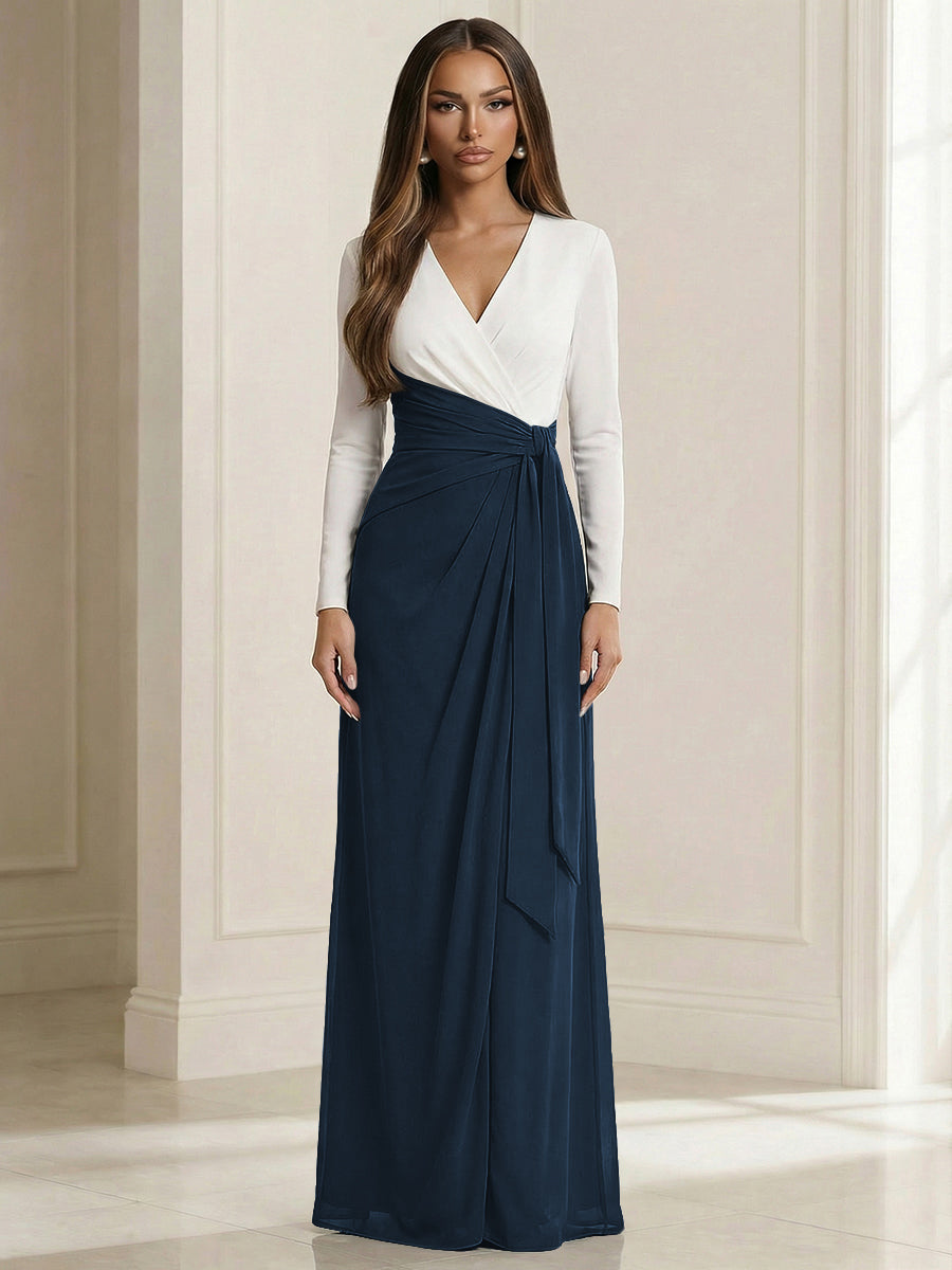 A Line V Neck Long Sleeve Simple Ruched Mother of the Bride Dresses with Belt