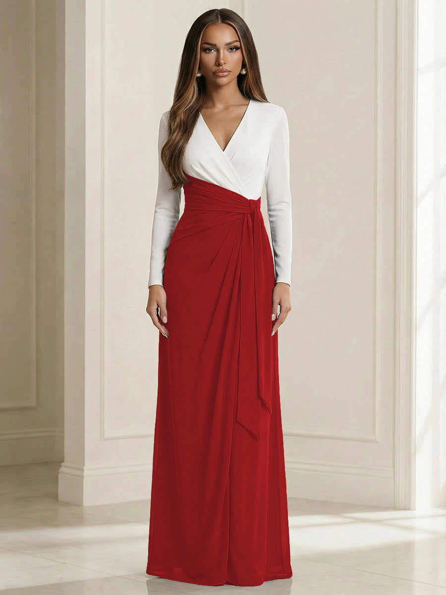 A Line V Neck Long Sleeve Simple Ruched Mother of the Bride Dresses with Belt