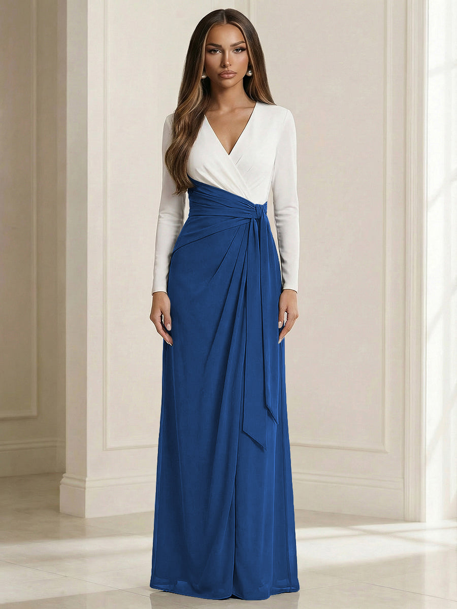A Line V Neck Long Sleeve Simple Ruched Mother of the Bride Dresses with Belt