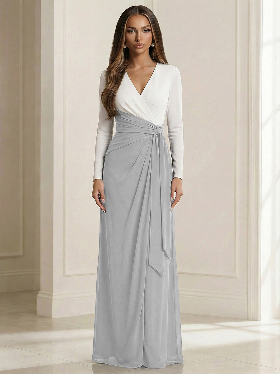 A Line V Neck Long Sleeve Simple Ruched Mother of the Bride Dresses with Belt