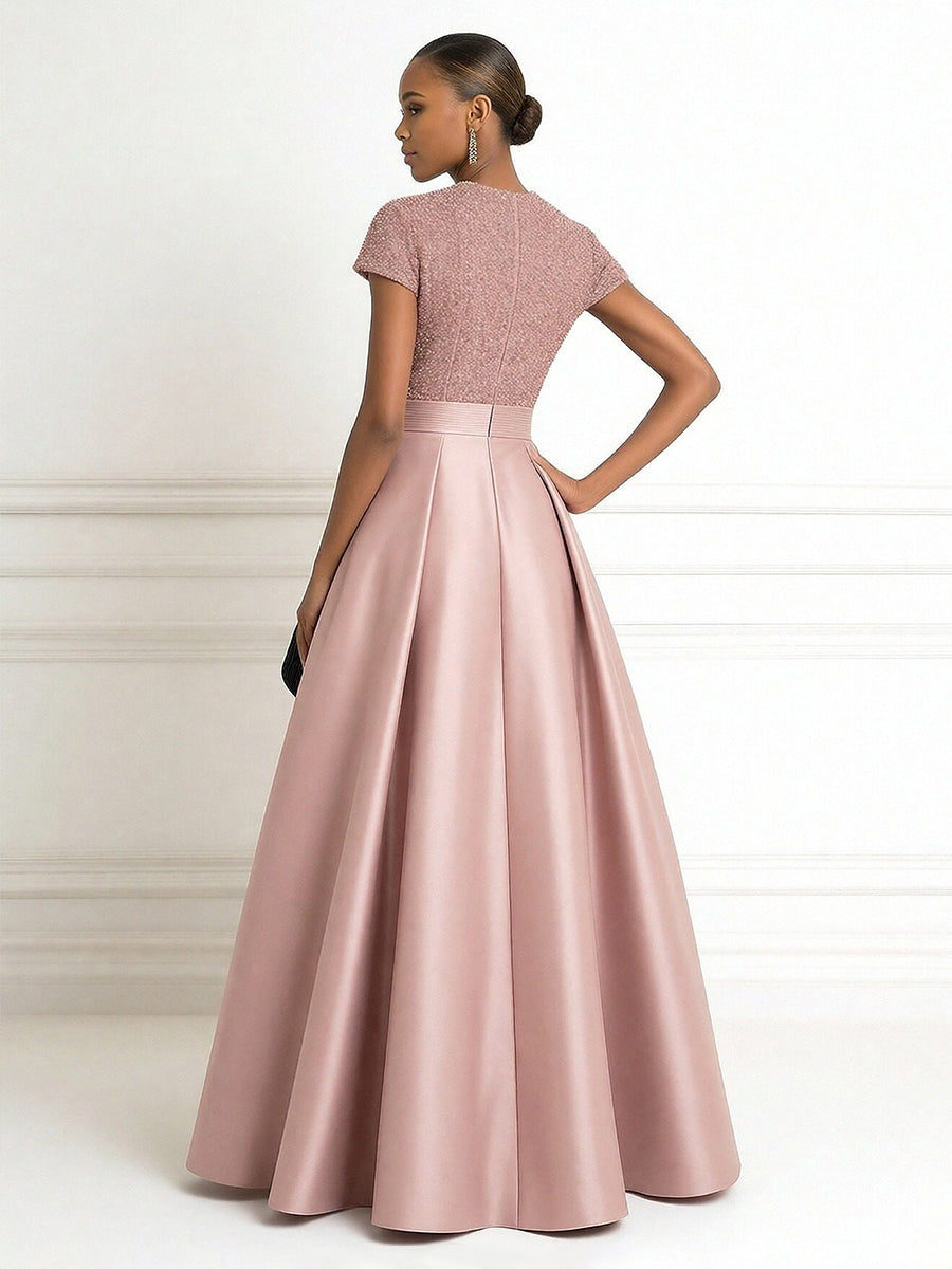 A Line V Neck Short Sleeve Sequined Elegant Mother of the Bride Dresses with Pleats
