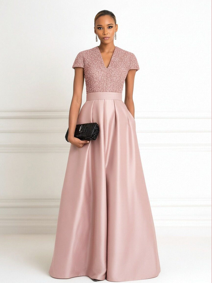 A Line V Neck Short Sleeve Sequined Elegant Mother of the Bride Dresses with Pleats