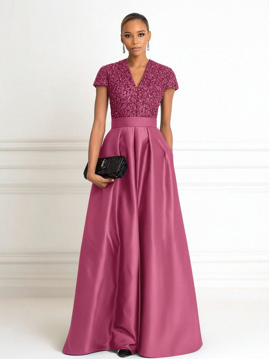A Line V Neck Short Sleeve Sequined Elegant Mother of the Bride Dresses with Pleats