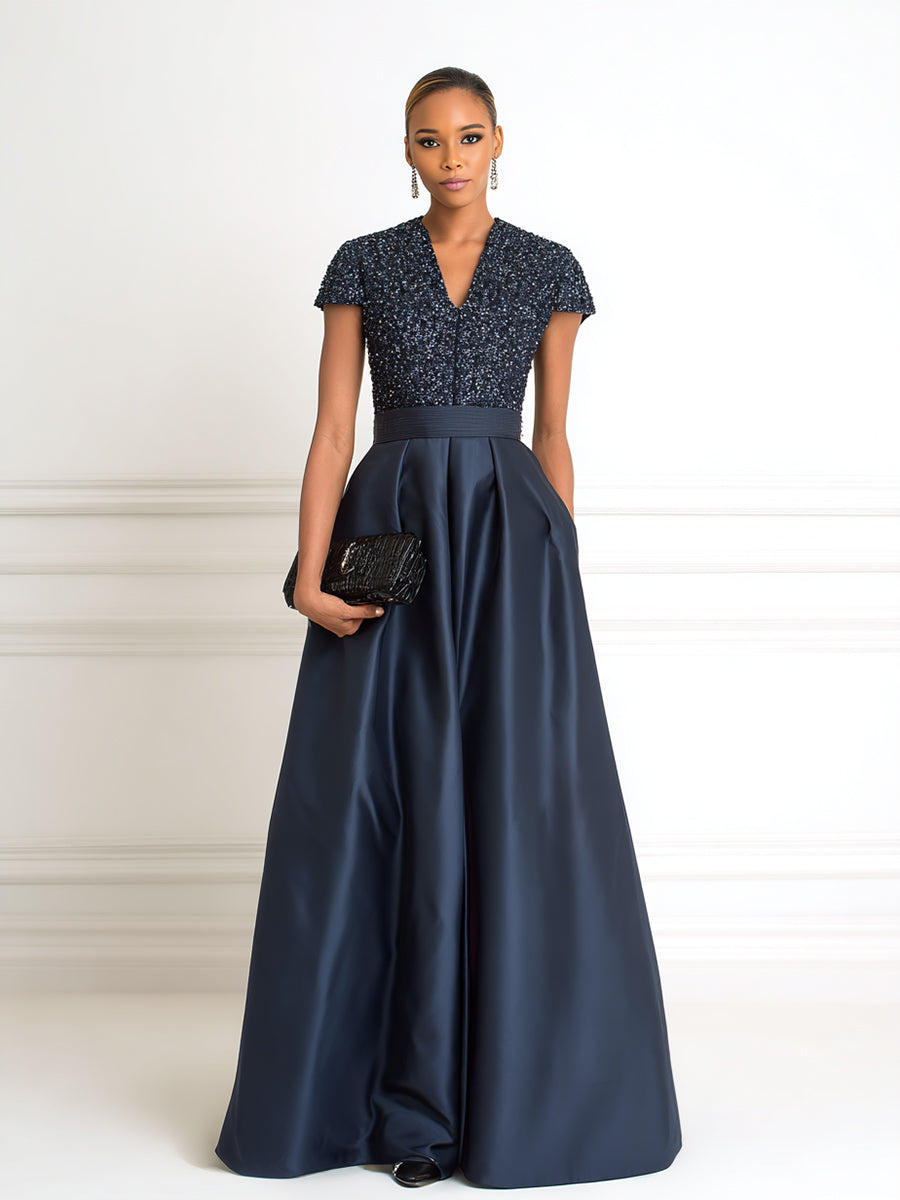 A Line V Neck Short Sleeve Sequined Elegant Mother of the Bride Dresses with Pleats
