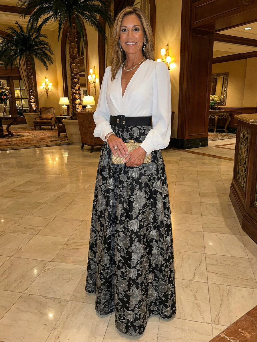 A Line Deep V Neck Long Sleeve Jacquard Mother of the Bride Dresses with Belt