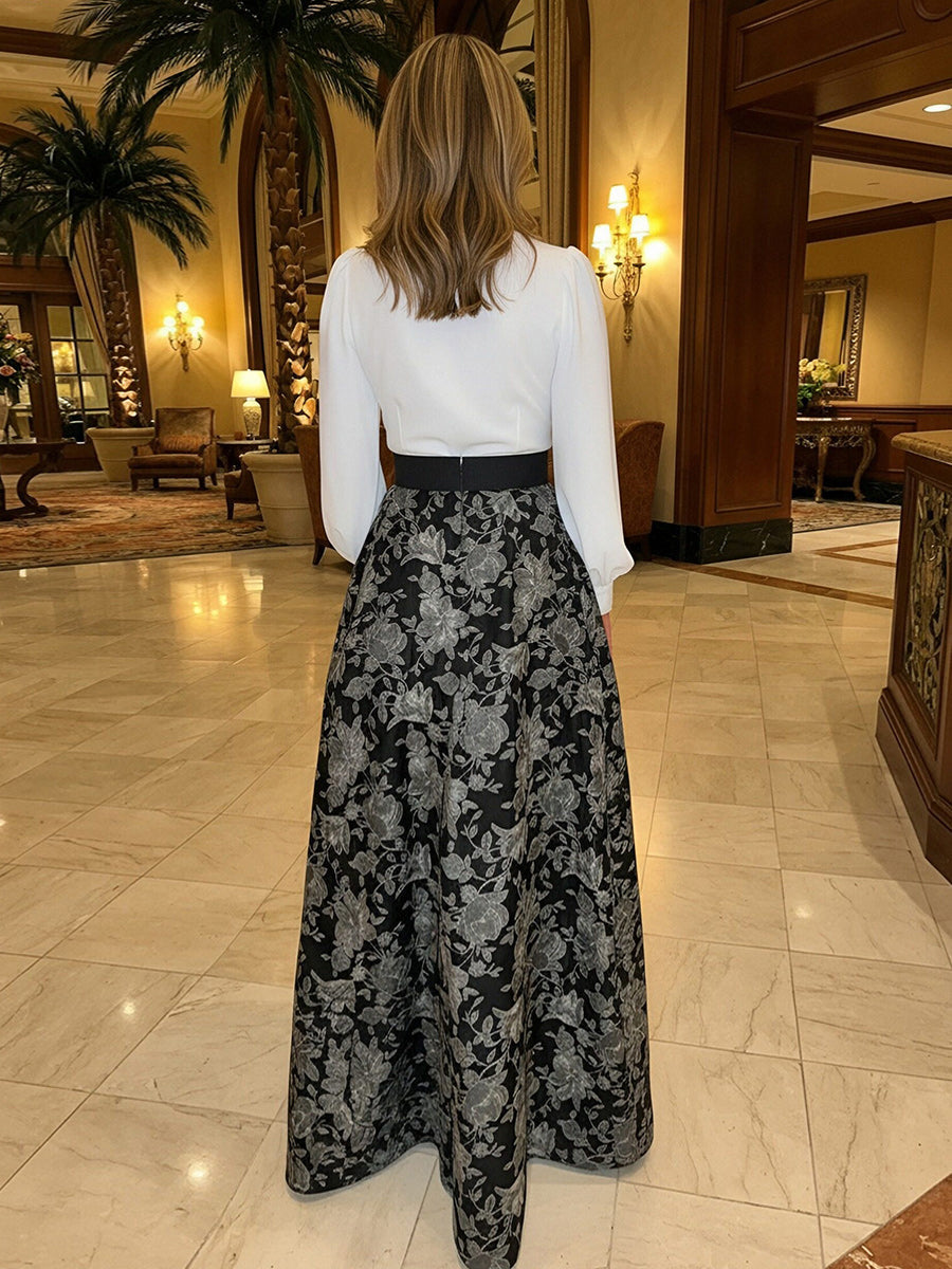 A Line Deep V Neck Long Sleeve Jacquard Mother of the Bride Dresses with Belt