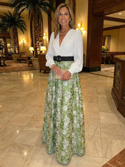 A Line Deep V Neck Long Sleeve Jacquard Mother of the Bride Dresses with Belt