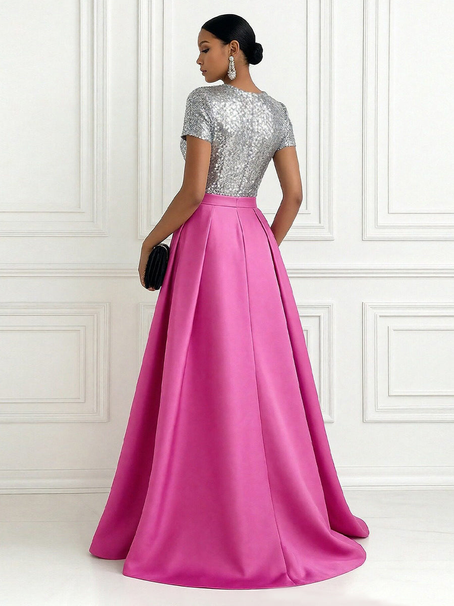 A Line/Princess Scoop Short Sleeve Floor Length Mother of the Bride Dresses with Split Side Women Formal Gowns