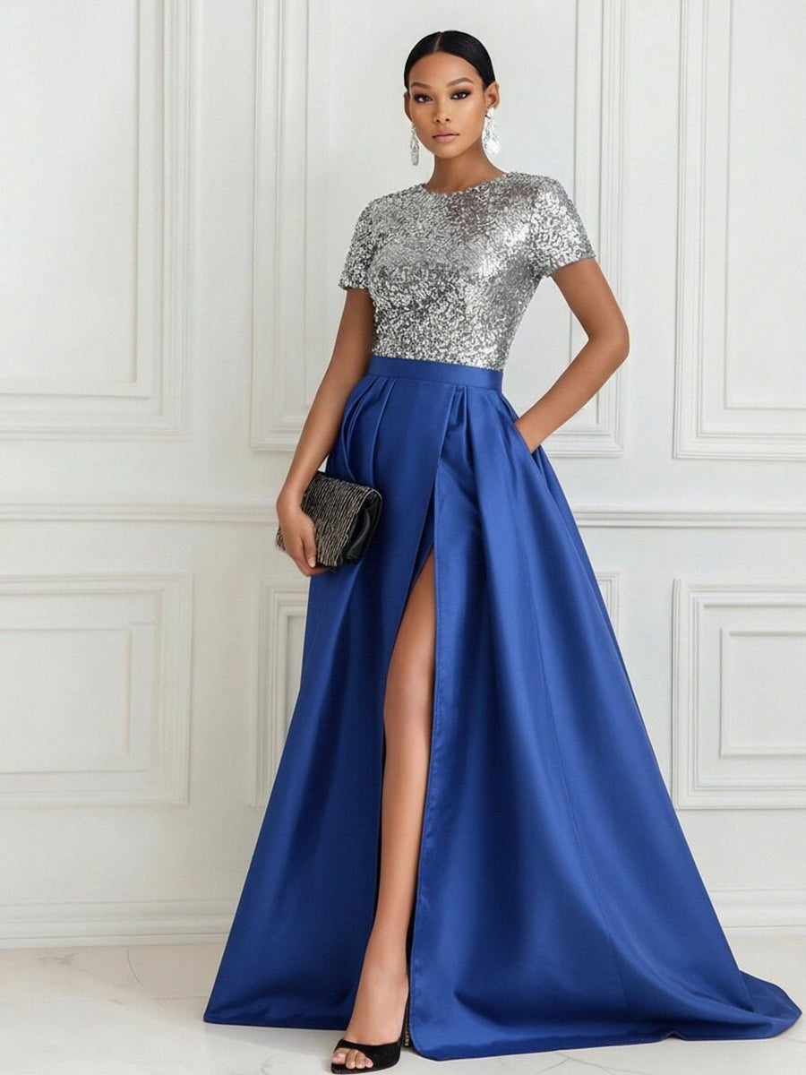 A Line/Princess Scoop Short Sleeve Floor Length Mother of the Bride Dresses with Split Side Women Formal Gowns