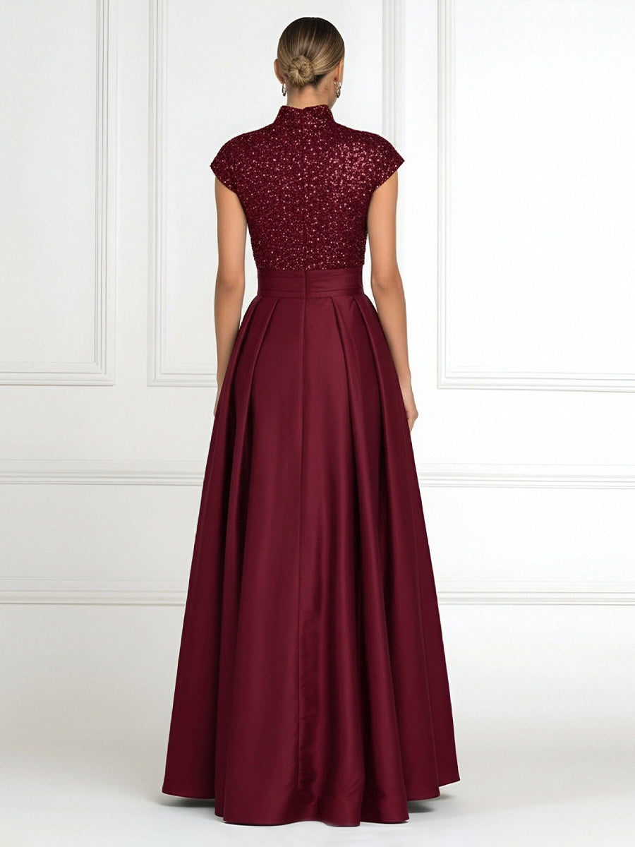 A Line/Princess Stand Collar Short Sleeve Long Elegant Mother of the Bride Dresses