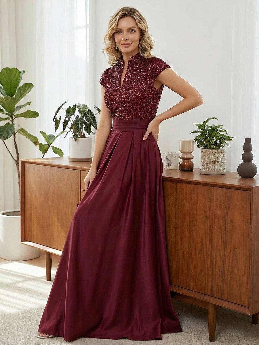 A Line/Princess Stand Collar Short Sleeve Long Elegant Mother of the Bride Dresses