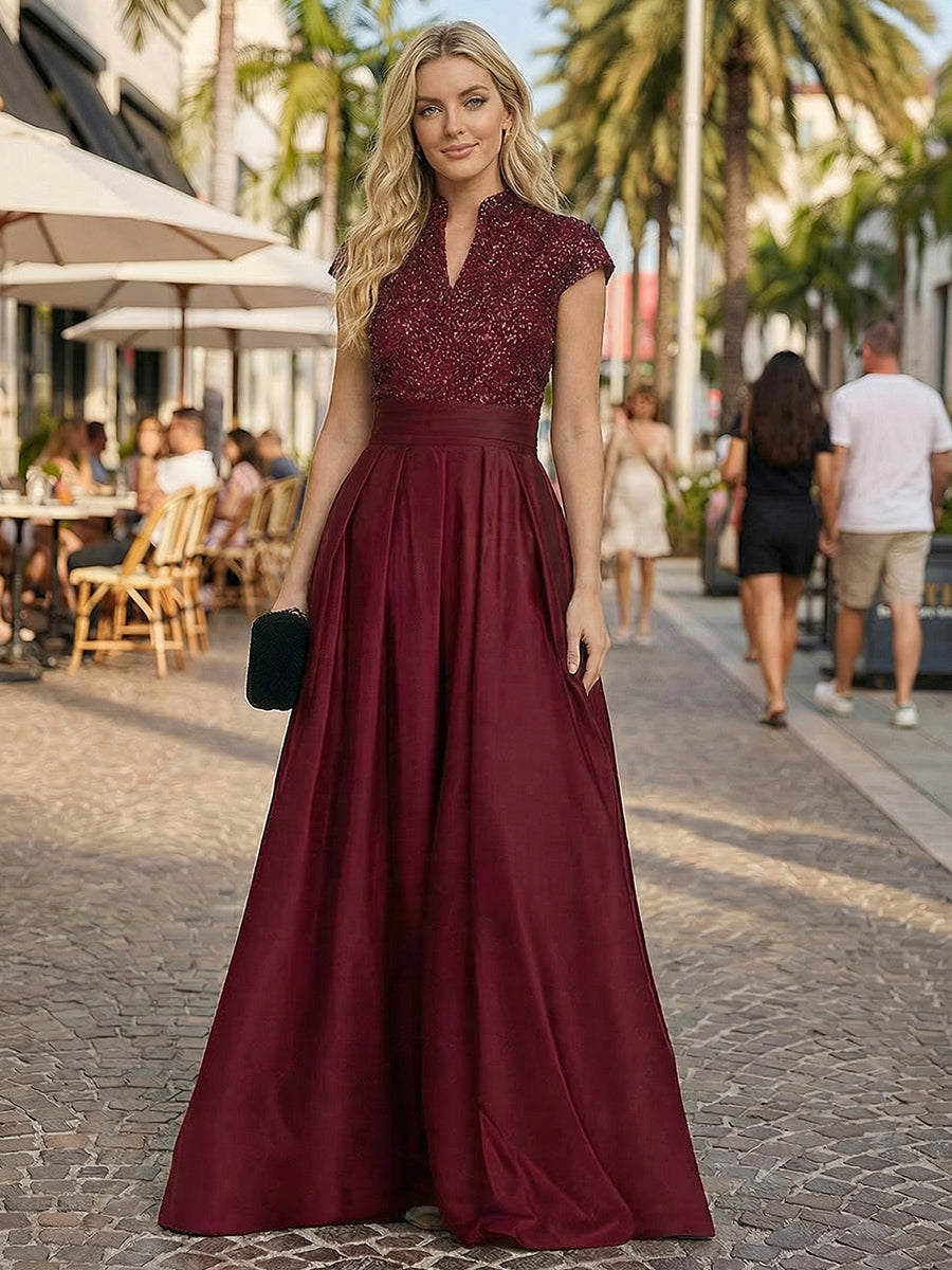 A Line/Princess Stand Collar Short Sleeve Long Elegant Mother of the Bride Dresses