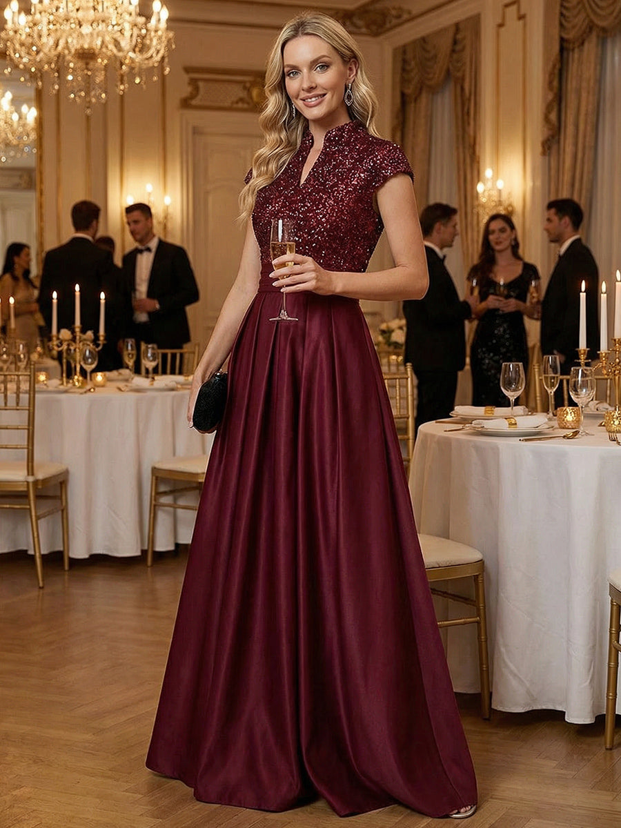 A Line/Princess Stand Collar Short Sleeve Long Elegant Mother of the Bride Dresses