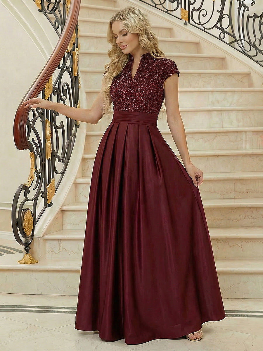 A Line/Princess Stand Collar Short Sleeve Long Elegant Mother of the Bride Dresses