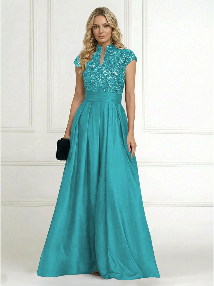 A Line/Princess Stand Collar Short Sleeve Long Elegant Mother of the Bride Dresses