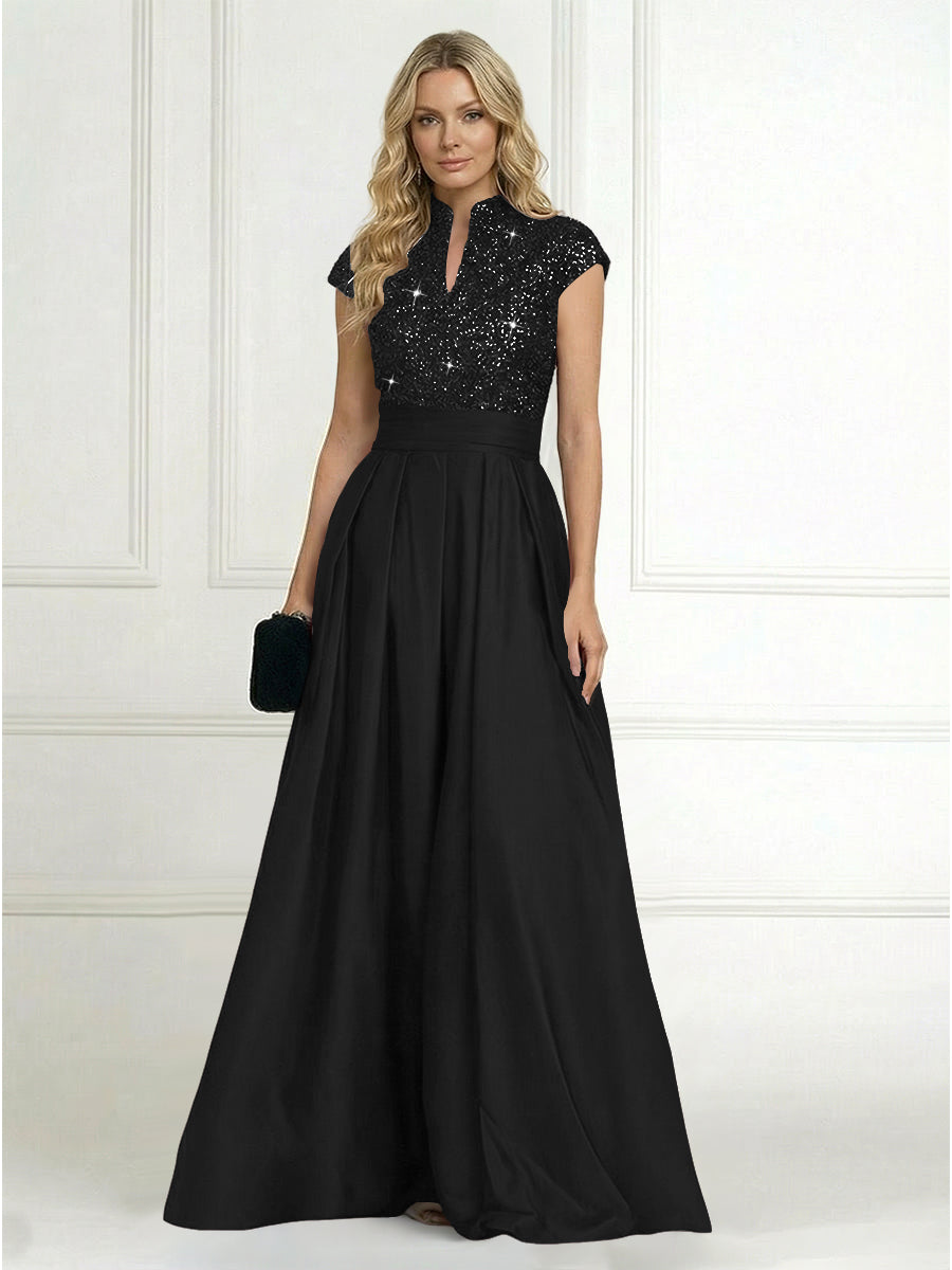 A Line/Princess Stand Collar Short Sleeve Long Elegant Mother of the Bride Dresses