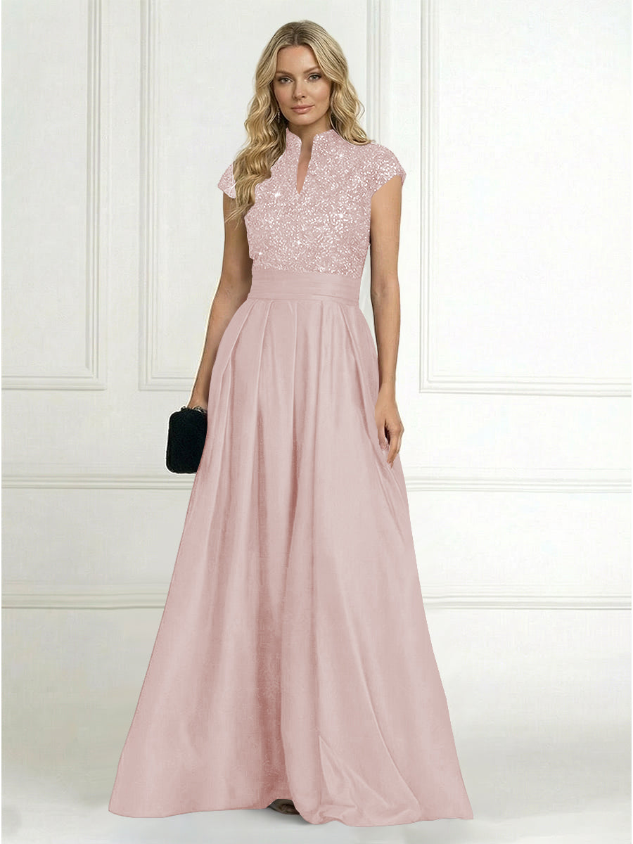 A Line/Princess Stand Collar Short Sleeve Long Elegant Mother of the Bride Dresses