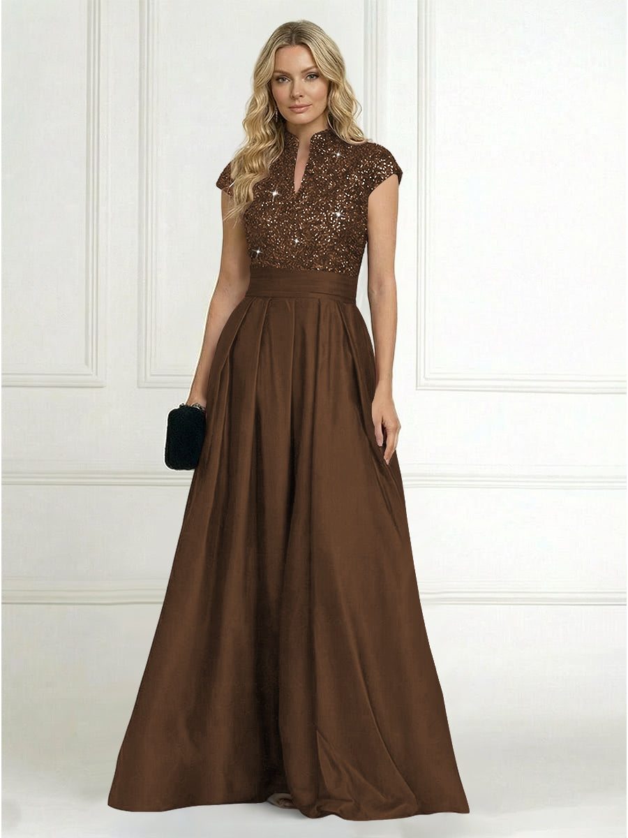 A Line/Princess Stand Collar Short Sleeve Long Elegant Mother of the Bride Dresses