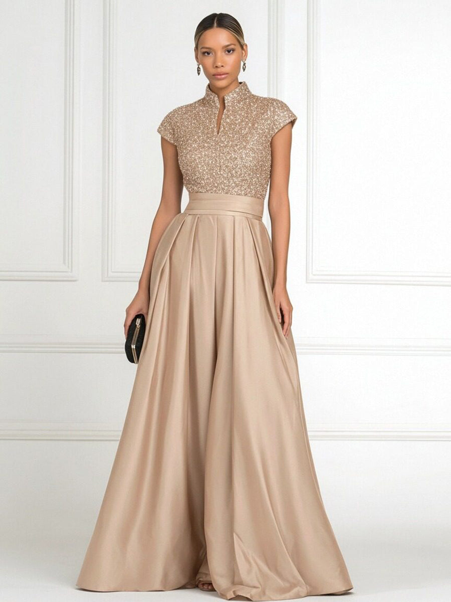 A Line/Princess Stand Collar Short Sleeve Long Elegant Mother of the Bride Dresses